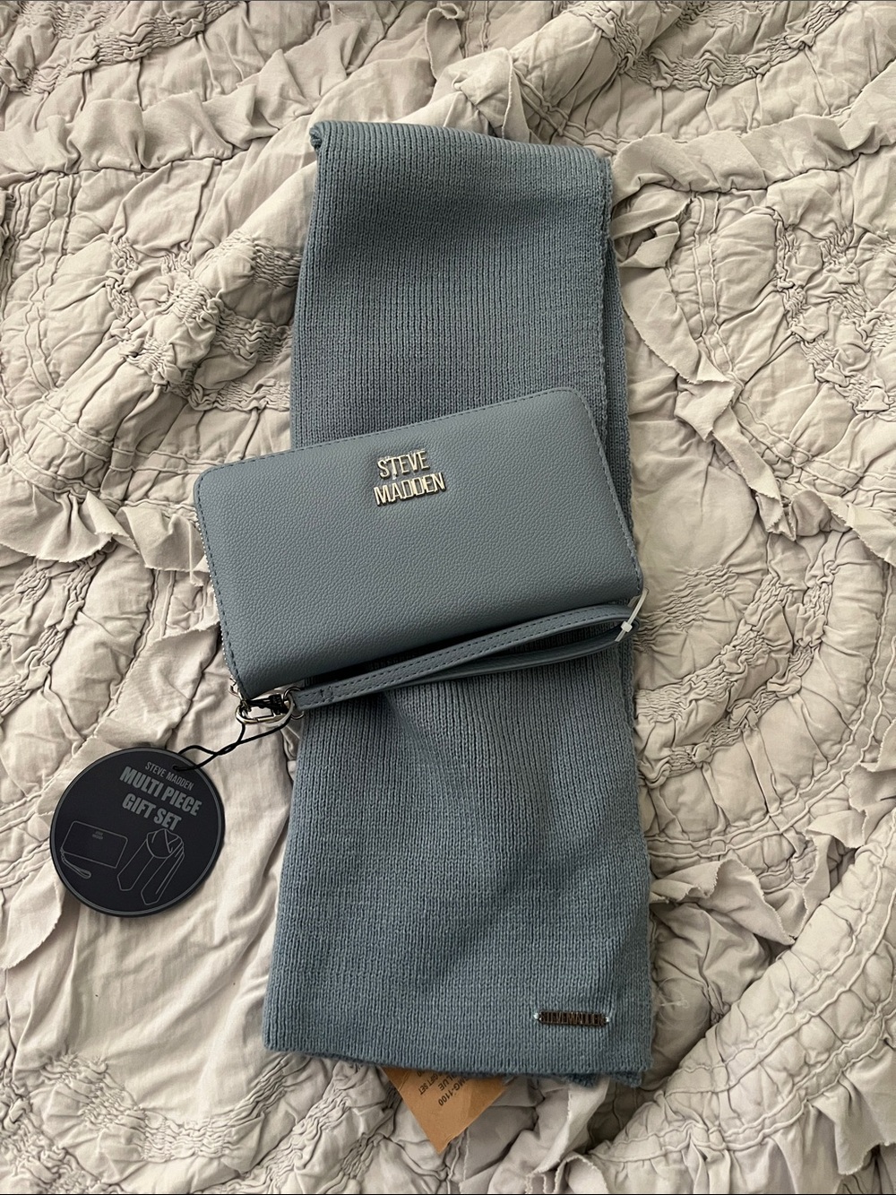 Steve Madden Slate Blue Zip Wallet with Knit Scarf Gift Set